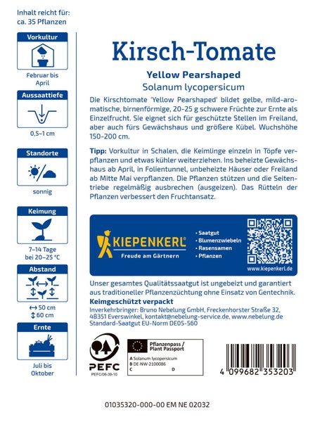 Saatguttüte Kirschtomate Yellow Pearshaped von Kiepenkerl mit Anbauinformationen und Pflanzanleitung für den Garten.