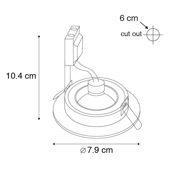 Technische Zeichnung eines Einbaustrahlers mit Maßen: Höhe 10,4 Zentimeter, Durchmesser 7,9 Zentimeter und Lochausschnitt 6 Zentimeter.