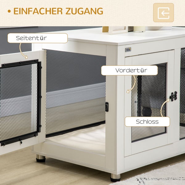 PawHut Hundekäfig für Zuhause, Hundebox mit 2 Türen, Waschbaren Kissen, Hundehütte mit Verstellbare Füße, Riegel, für große Hunde bis 30 kg, Weiß, 94 x 60 x 71,5 cm