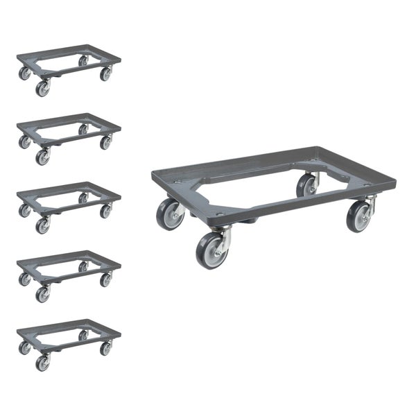 PROREGAL SparSet 6x Transportroller für Euroboxen 60 x 40 cm mit Gummiräder Grau Offenes Deck 4 Lenkrollen Traglast 300 kg