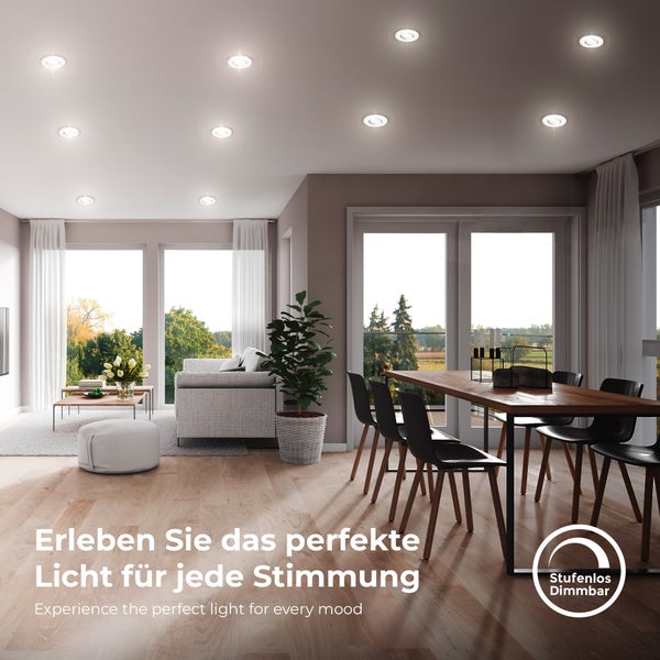 Heller Wohn- und Essbereich mit modernen LED-Einbaustrahlern an der Decke, stufenlos dimmbar für individuelle Lichtstimmung.