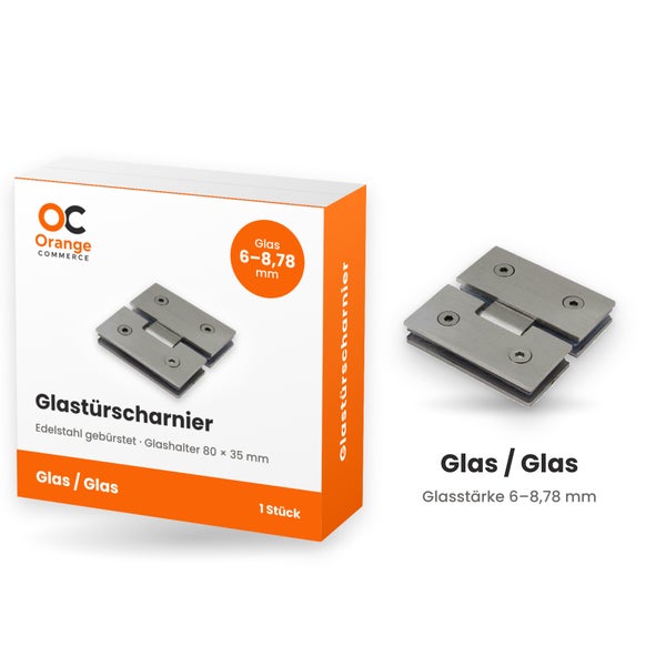 Orange Commerce Glastürscharnier aus gebürstetem Edelstahl für Glas zu Glas Anwendungen mit einer Glasstärke von 6 bis 8,78 Millimetern.