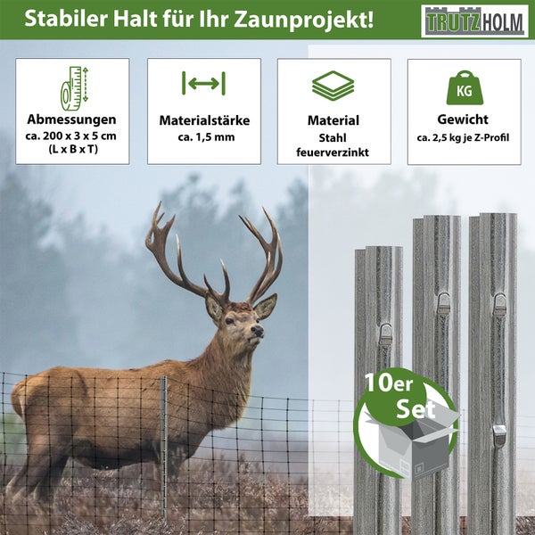 Zaunpfosten Set aus feuerverzinktem Stahl, circa 200 x 3 x 5 Zentimeter, Materialstärke circa 1,5 Millimeter, Gewicht circa 2,5 Kilogramm je Z-Profil