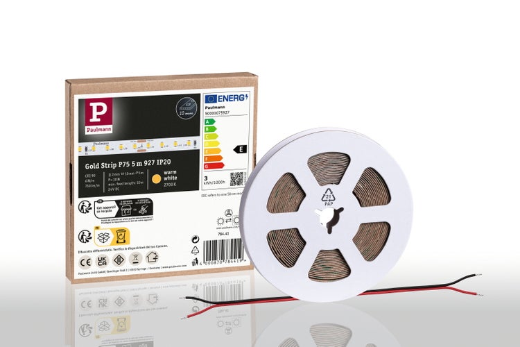 Paulmann LED-Streifen Gold Strip P75, 5 Meter, IP20, warmweißes Licht, inklusive Verpackung und Anschlusskabel.