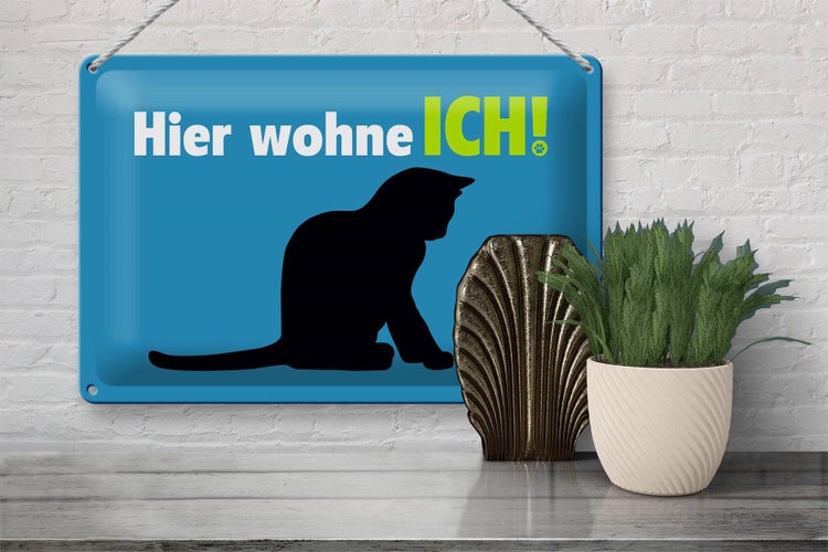 Blechschild Spruch 30x20cm Katze hier wohne ich blau