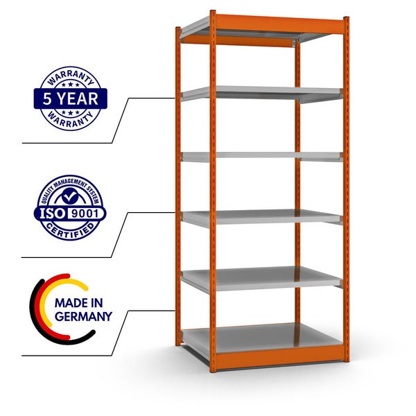 PROREGAL Fachbodenregal Stecksystem Vierkant-Profil Grundregal HxBxT 250 x 102,5 x 80 cm 6 Ebenen Einseitige Bauart Fachlast 200 kg Orange