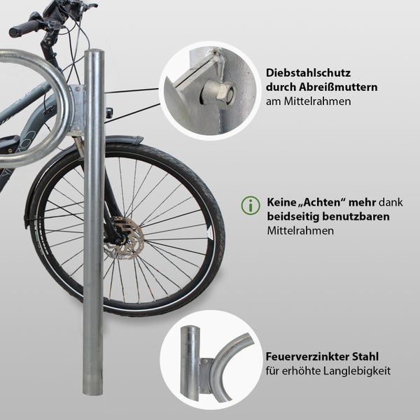 2 x Fahrradanlehnbügel  115 x 124 cm Stahl feuerverzinkt Ø 60 mm grau Einbetonieren Fahrradständer Parker Typ O