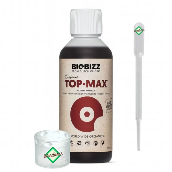 Biobizz Top-Max organischer Blühstimulator Flasche inklusive Messbecher und Pipette, Weedness Logo.