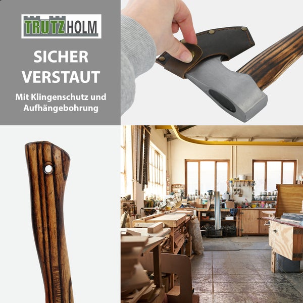 Beil mit Holzstiel, Klingenschutz aus Leder und Aufhängebohrung, dargestellt in einer Werkstattumgebung mit Trutzholm Logo.
