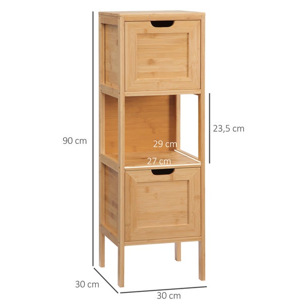 kleankin Badezimmerschrank Badschrank Aufbewahrungsschrank mit Kippschutz aus Bambus, Unterschrank mit 2 Schubladen, Lanfhausstil Beistellschrank, Naturholz, 30 x 30 x 90 cm
