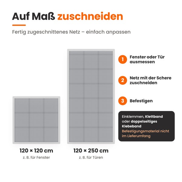 Infografik zum Zuschneiden von Insektenschutznetzen in den Größen 120 mal 120 Zentimeter und 120 mal 250 Zentimeter mit Anleitung zur Montage.