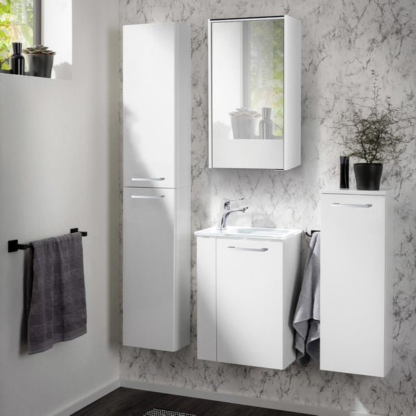 Fackelmann SCENO Gäste-WC Set 2 Teile – Waschtischunterschrank in Weiß mit Waschbecken aus Glas in Weiß – SBC Waschbeckenunterschrank schmal – Türanschlag rechts – 45 cm breit