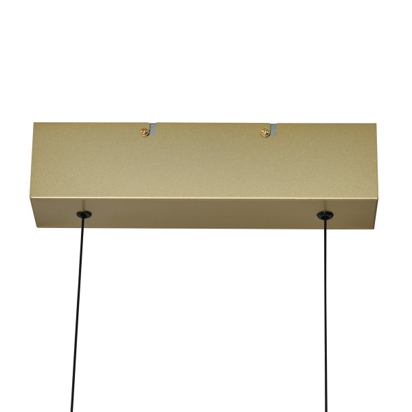 Detailansicht einer Deckenleuchte mit rechteckiger, goldfarbener Halterung und zwei schwarzen Kabeln