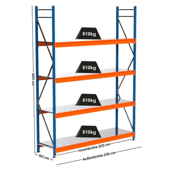 Schwerlastregal mit vier Ebenen und Gewichtsangabe