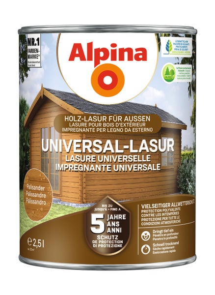 Alpina Universal-Lasur Palisander 2,5 Liter für außen, Schutz bis zu 5 Jahre, schnell trocknend, lösemittelarm, für circa 33 Quadratmeter.