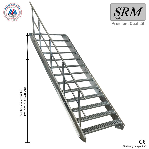 SRM Design Logo. Feuerverzinkte Außentreppe aus Stahl mit Gitterroststufen und Geländer, variable Höhe 195 bis 260 cm. CE-zertifiziert.