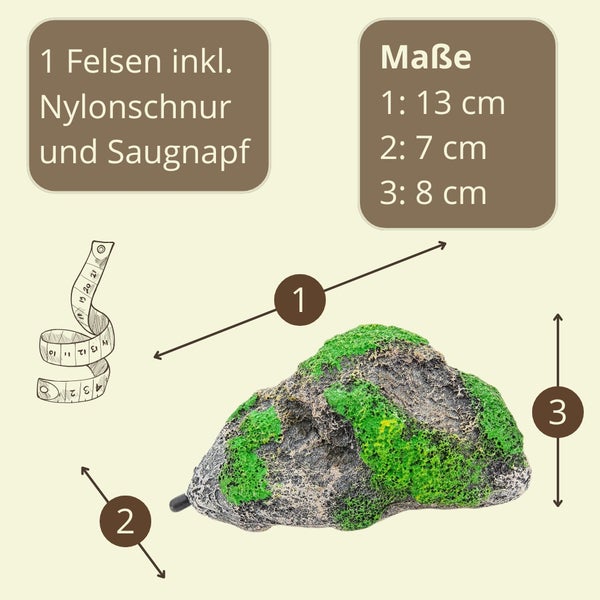 Dekorativer Felsen inklusive Nylonschnur und Saugnapf für Aquarien, mit Größenangaben