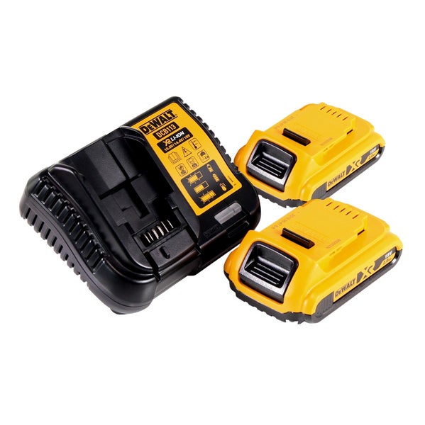 DeWalt Akku-Starterset mit Ladegerät und zwei 18 Volt Lithium-Ionen-Akkus mit 2,0 Amperestunden.