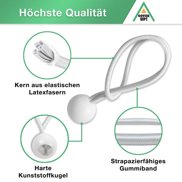 CoverUp! 50 Planenspanner mit Kugel für Banner, Planen, Pavillions, Zelte | Expanderschlingen, Planenhalter, Gummispanner, Zeltgummis, Spanngummis