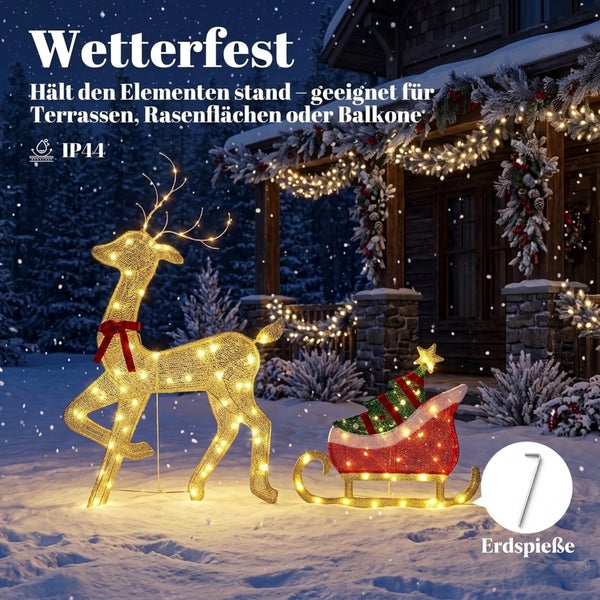 Wetterfeste LED Weihnachtsbeleuchtung mit Rentier und Schlitten für den Außenbereich inklusive Erdspieße und Schutzklasse IP44.