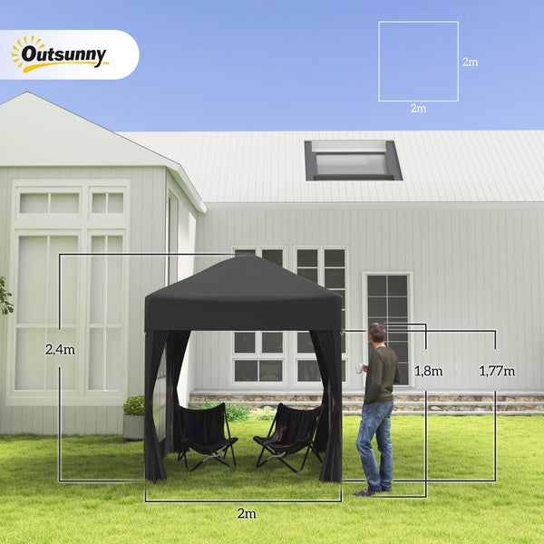 Outsunny Pavillon 2x2m Wasserdicht, Pop-up Faltpavillon mit 4 Seitenwänden, Abflusslöcher Fenster, faltbar Partyzelt UV 30+, Gartenzelt mit Tragetasche, Gartenpavillon für Terrasse, Schwarz