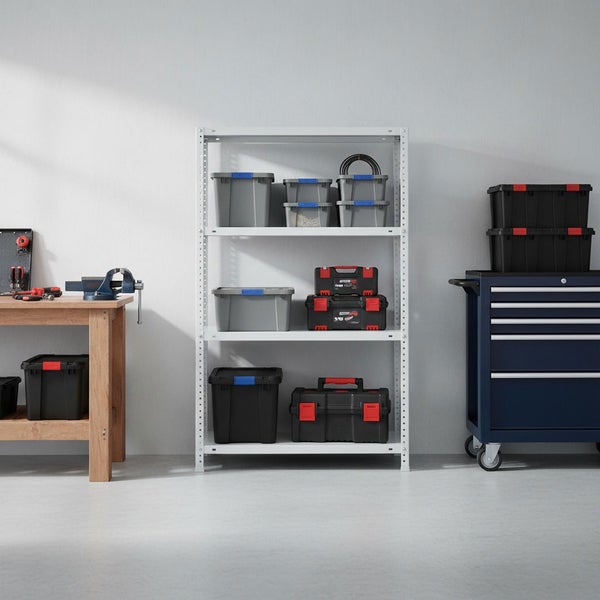 Organisierte Werkstatt mit weißem Metallregal voller Aufbewahrungsboxen, einer Holzwerkbank mit Schraubstock und einem blauen Werkstattwagen.