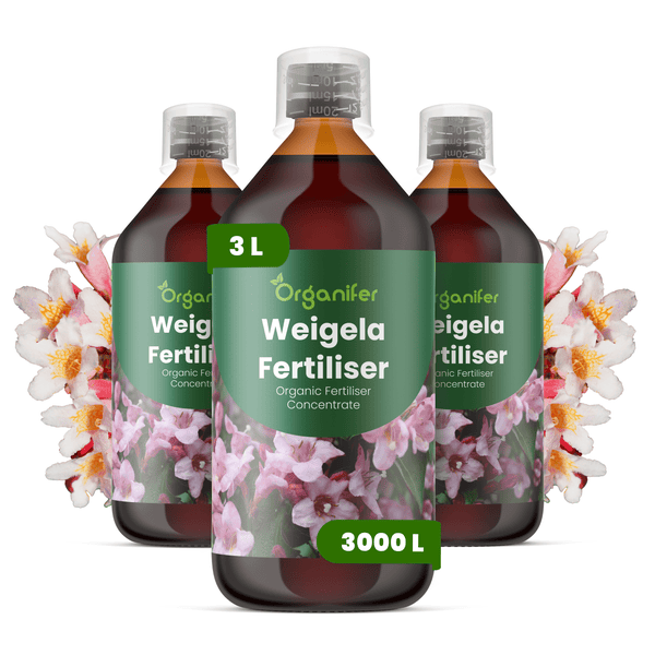Drei Flaschen Organifer Weigela Dünger Konzentrat, jeweils 3 Liter für 3000 Liter, organischer Flüssigdünger.