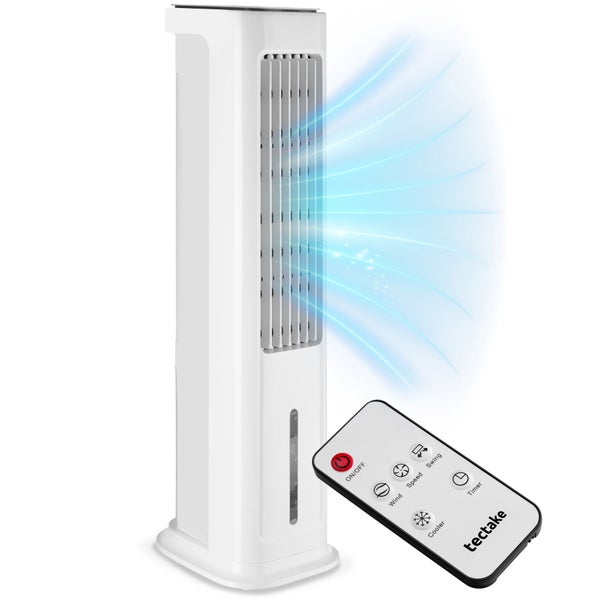 tectake weißer Luftkühler Turmventilator mit Fernbedienung, Wasserstandsanzeige und Lamellen für den Luftauslass.