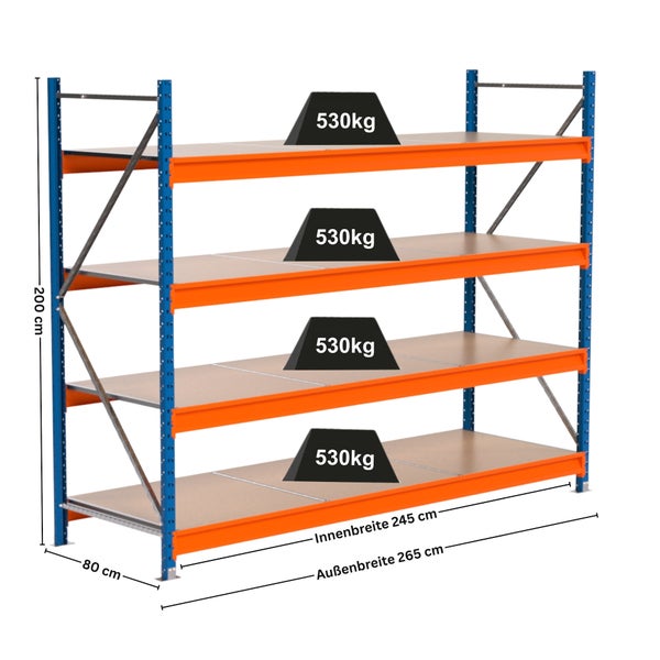 Lagerregal mit vier Ebenen und Belastungsgewichten von 530 Kilogramm