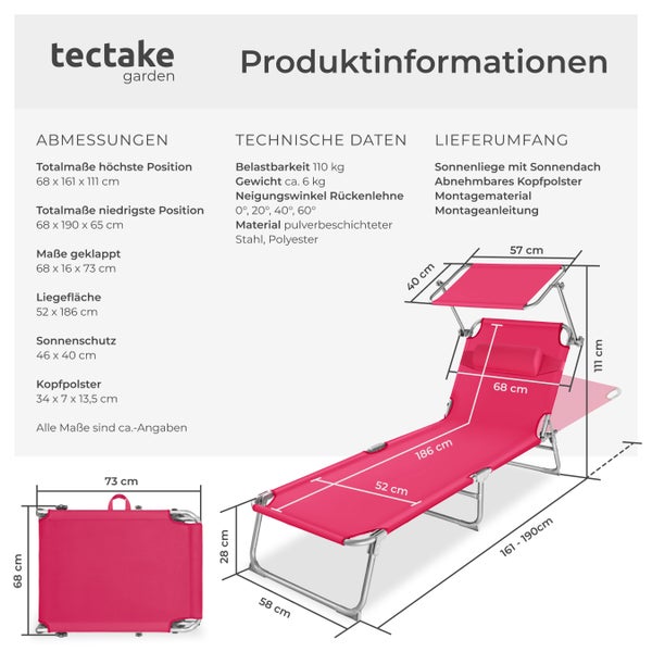 Gartenliege tectake Chloé 190 x 68 x 65 cm klappbar pink