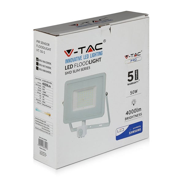 V-TAC VT-50-S-W - Drehbare LED-Flutlichtstrahler mit PIR-Sensor - Samsung - IP65 - Weiß - 50W -