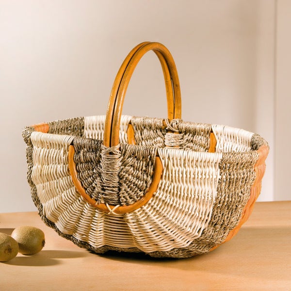 FRANK FLECHTWAREN | Einkaufskorb Orange/Natur, RATTAN, 49 x 34 x 24 cm, GH 38 cm