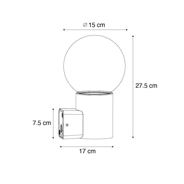 Maßzeichnung einer Wandleuchte mit Maßen: Höhe 27,5 Zentimeter, Breite 17 Zentimeter, Durchmesser 15 Zentimeter, Wandhalterung 7,5 Zentimeter.