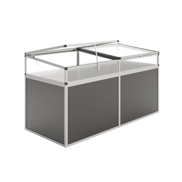 Frühbeet aus Aluminium mit Polycarbonat-Stegplatten und anthrazitfarbenen Paneelen, zwei aufklappbare Deckel mit Windstützen.