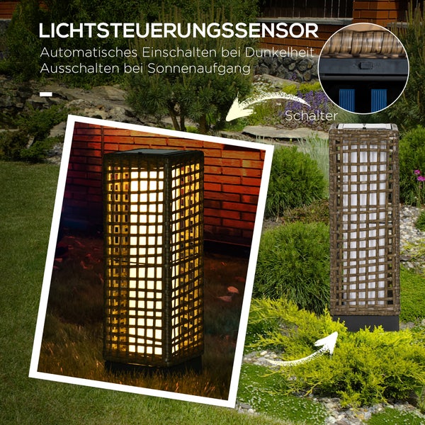 Outsunny Solarlampen Rattan mit Lichtsensor, Aufladbar LED Solarleuchte IP44 Wasserdichte, Outdoor Lampe Solarlaterne Außenleuchte für Garten Balkon Hof, 15,5 x 15,5 x 46 cm, Sand