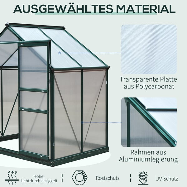 Outsunny Gewächshaus Aluminium Treibhaus mit Dachfenster Tür 190 x 132 x 201 cm Pflanzenhaus mit Fundament begehbares Tomatenhaus Witterungsbeständig Polycarbonat Grün+Transparent