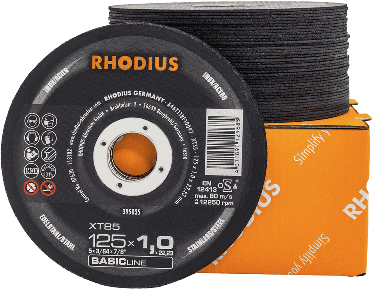 RHODIUS Trennscheibe XT85, 50 Stück, 125 x 1,0 x 22,23 mm für Edelstahl, Stahl, Metall, BASICline
