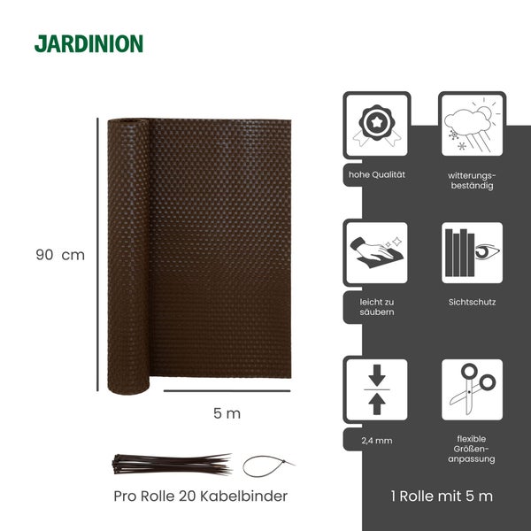 Jardinion Logo, Sichtschutzmatte 90 Zentimeter hoch und 5 Meter lang, 2,4 Millimeter stark, wetterfest, leicht zu reinigen, inklusive 20 Kabelbinder.