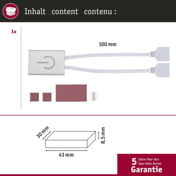 Packungsinhalt mit Berührungsschalter von 43 mal 30 mal 8,5 Millimeter, zwei 100 Millimeter langen Kabeln, Klebepads, Verbinder und 5 Jahren Garantie.