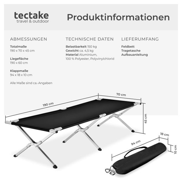 Feldbett tectake  190 x 70 x 45 cm mit Aluminiumgestell schwarz