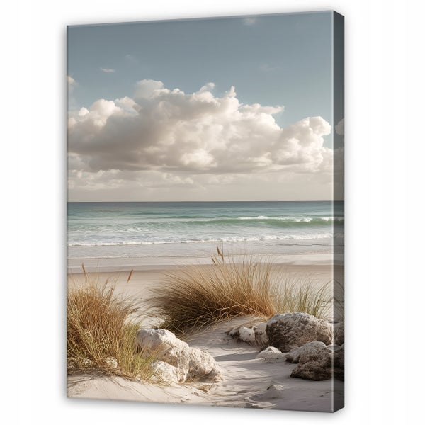Wandbild auf Leinwand mit Strandmotiv, Dünen, Meer und bewölktem Himmel im Hochformat.