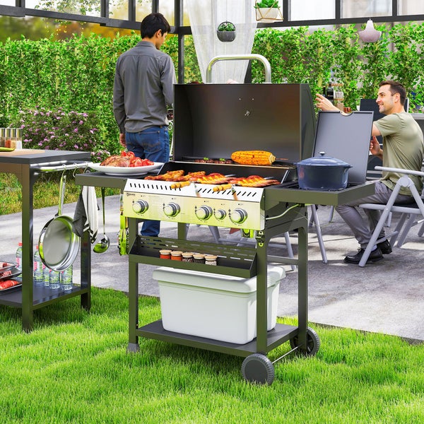 Outsunny Gasgrill 12 KW 4+1 Brenner BBQ Grillwagen aus Edelstahl inkl Seitenbrenner Thermometer Grillrost Kochfeld Flaschenöffner Seitenablagen Gas-Grill für Balkon Camping 135 x 55 x 103cm