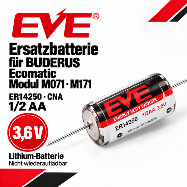 EVE Lithium Batterie ER14250 1/2 AA 3,6 Volt, nicht wiederaufladbar, geeignet als Ersatzbatterie für Buderus Ecomatic Modul M071 und M171.