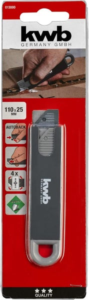 kwb 13000 Mini Sicherheits-Messer imTaschenformat, extra scharf,Cutter mit automatischem Klingen-Rückzug, 4-seitignutzbare Klinge, schwarz, 39 x 29