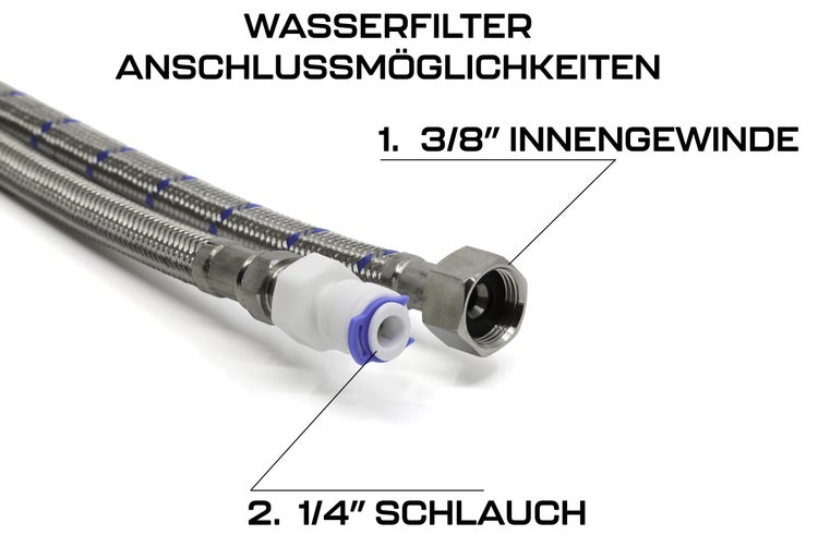 Drei-Wege-Wasserhahn aus Edelstahl mit Wasserfilteranschluss.