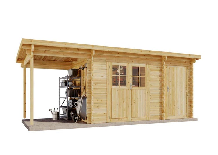 Alpholz Gartenhaus Korfu mit Anbau und Schleppdach Gartenhaus aus Holz in natur, Holzhaus mit 28 mm Wandstärke inklusive Schleppdach, Blockbohlenhaus mit Montagematerial imprägniert 5,6x2,3m