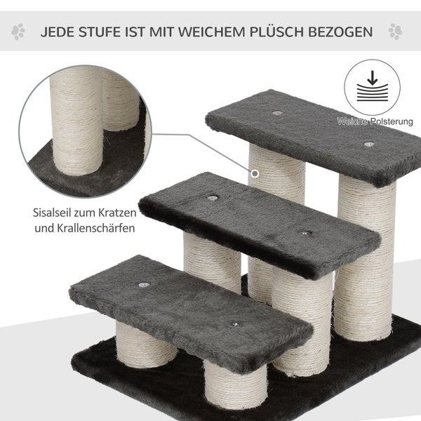 PawHut Tiertreppe Katzentreppe 3 Stufen Hundetreppe Treppe für Katze und Hunde Plüsch Dunkelgrau 45 x 35 x 34 cm