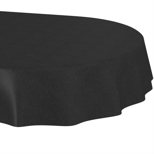 Dunkle Tischdecke aus gewebtem Stoff, über die Kante eines runden Tisches drapiert.