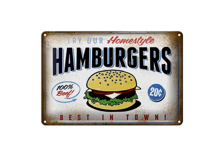 Blechschild Spruch 30x20cm Hamburger best in town 100% Beef