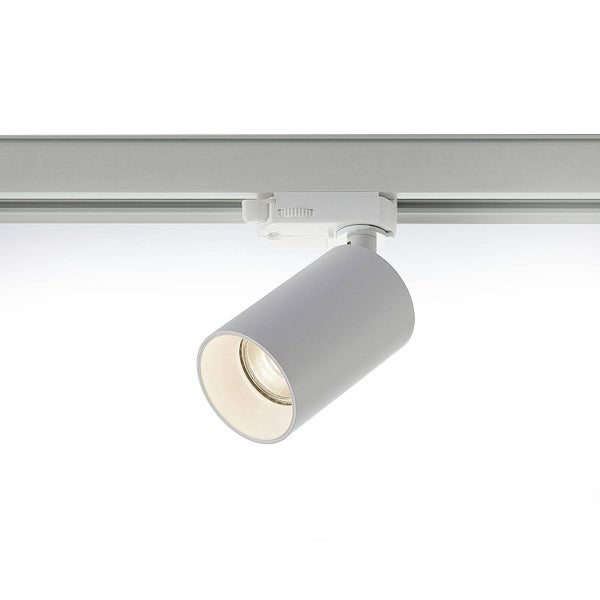 Grauer zylindrischer LED-Strahler für Schienensysteme zur Montage an einer Stromschiene.